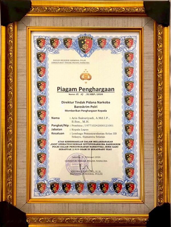 Kalapas Sekayu Terima Penghargaan Joint Operation dari Bareskrim Polri